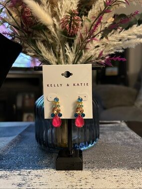 Kelly & Katie Bright Pink Teardrop Earrings with Blue and Gold Accents